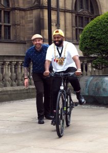 Lord Mayor Magid Magid with his new mayoral bike presented by Russell Cutts of Russell's Bicycle Shed as part of South Yorkshire's Love to Ride programme for 2018