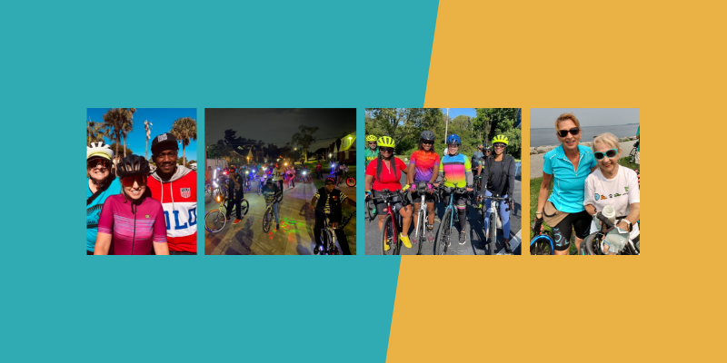 Four photos of happy riders on a blue and yellow background.
